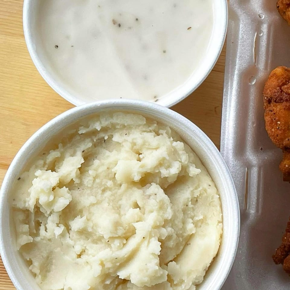 Creamy mashed potatoes and gravy in white bowls next to fried chicken in a takeout container.
